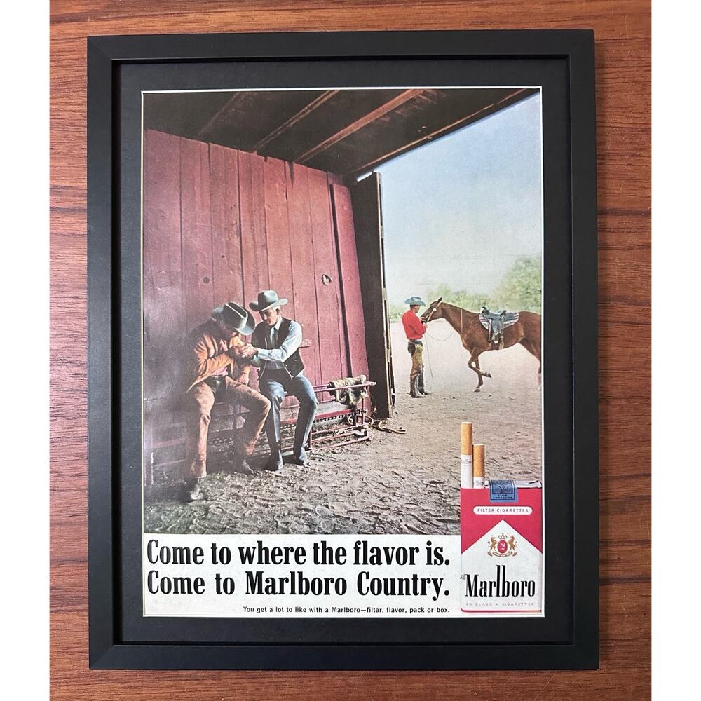 Framed 1967 Marlboro Ad Barn Cowboys Come to Where Flavor is